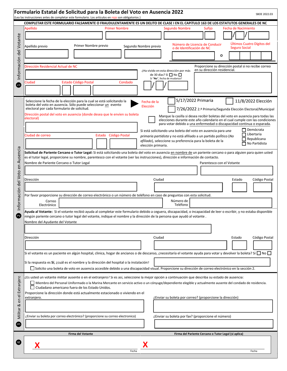 Formulario Estatal De Solicitud Para La Boleta Del Voto En Ausencia - North Carolina (Spanish), Page 2