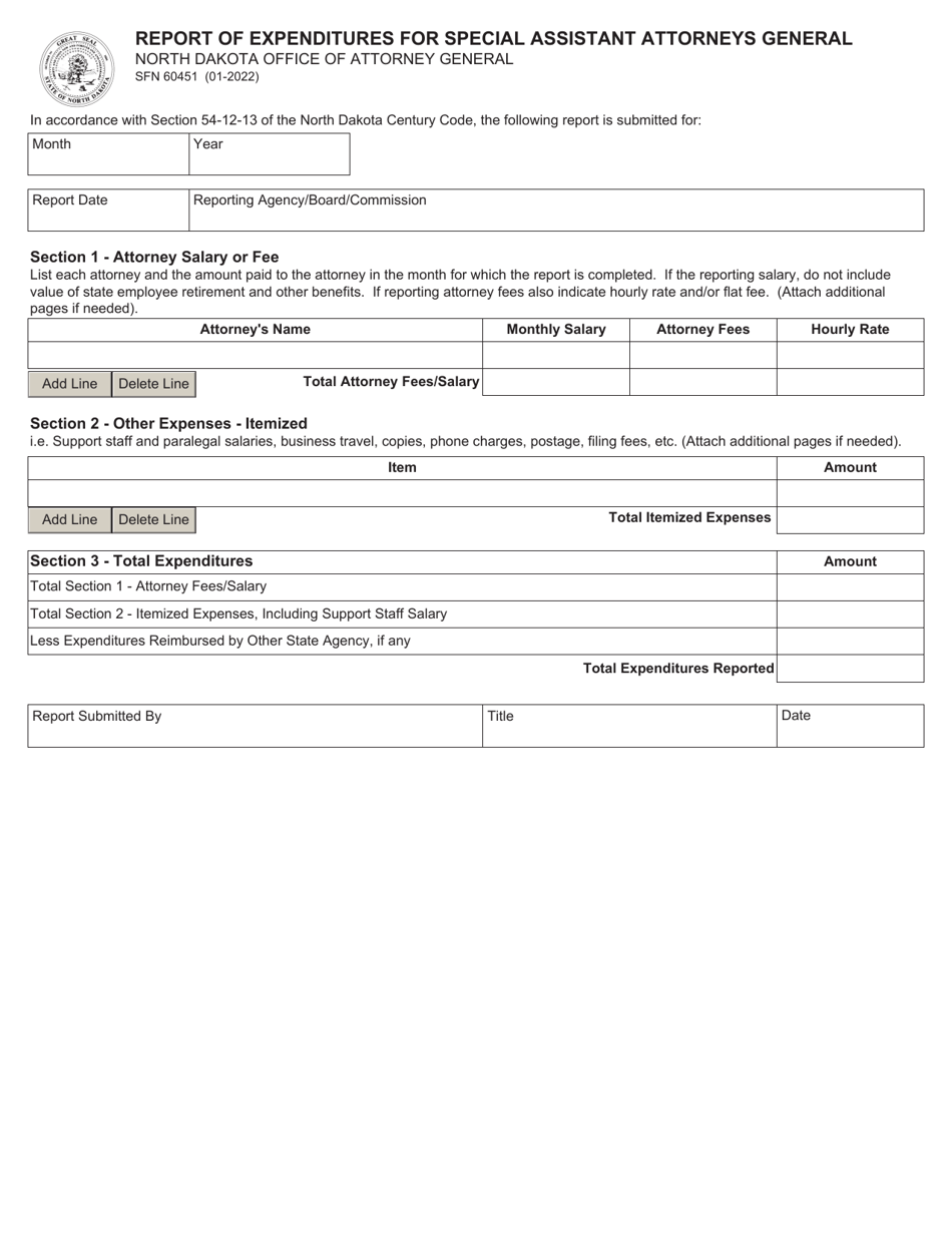 Form SFN60451 Report of Expenditures for Special Assistant Attorneys General - North Dakota, Page 1