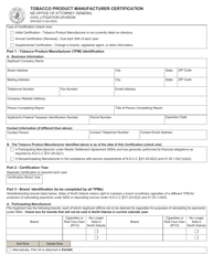 Form SFN62013 Tobacco Product Manufacturer Certification - North Dakota