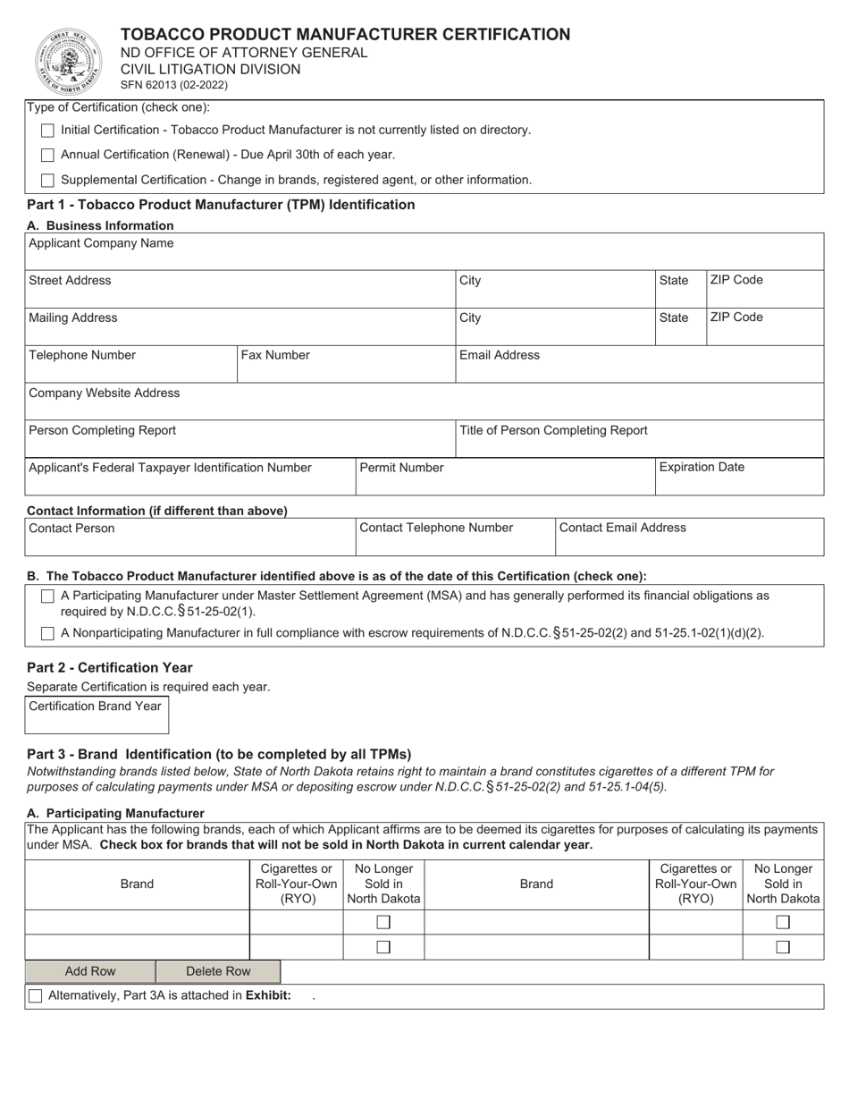 Form SFN62013 Tobacco Product Manufacturer Certification - North Dakota, Page 1