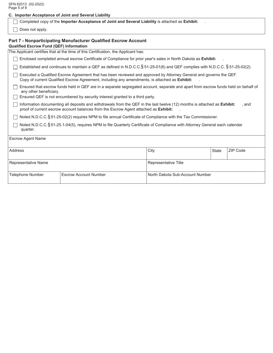 Form SFN62013 Tobacco Product Manufacturer Certification - North Dakota, Page 5