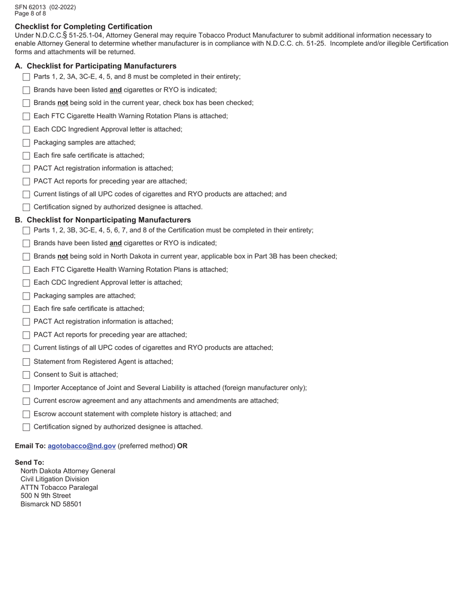 Form SFN62013 Tobacco Product Manufacturer Certification - North Dakota, Page 8