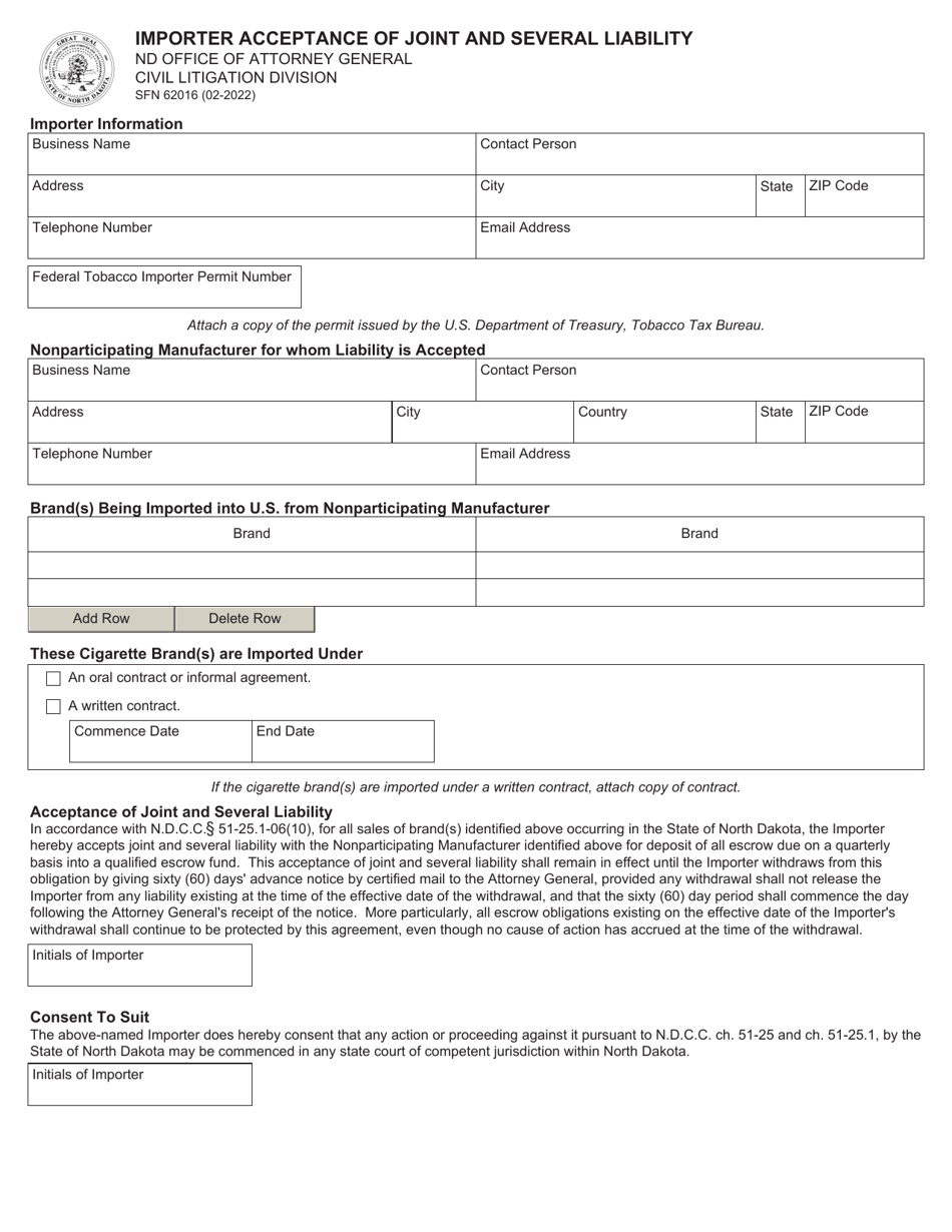 Form SFN62016 Importer Acceptance of Joint and Several Liability - North Dakota, Page 1