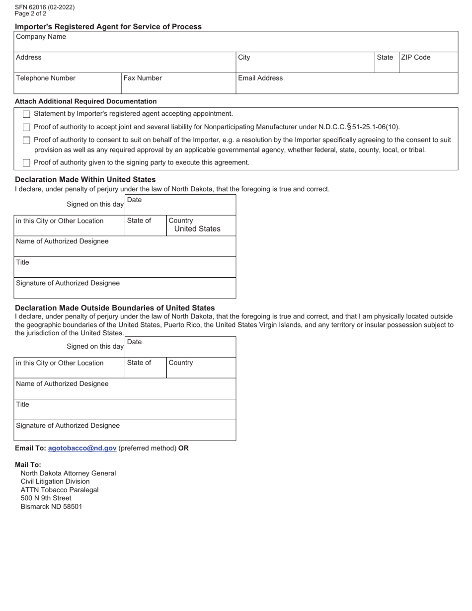 Form SFN62016 Importer Acceptance of Joint and Several Liability - North Dakota, Page 2