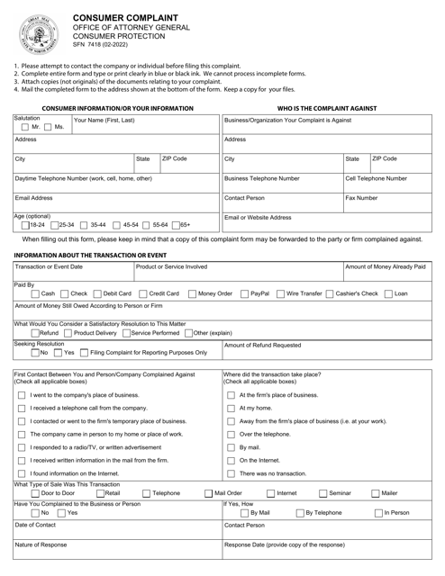 Form SFN7418 Consumer Complaint - North Dakota