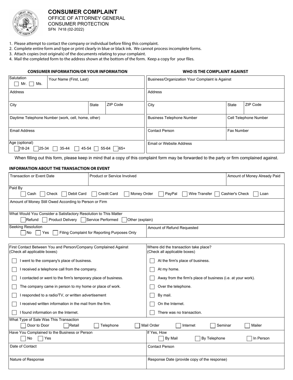 Form SFN7418 Download Fillable PDF or Fill Online Consumer Complaint ...