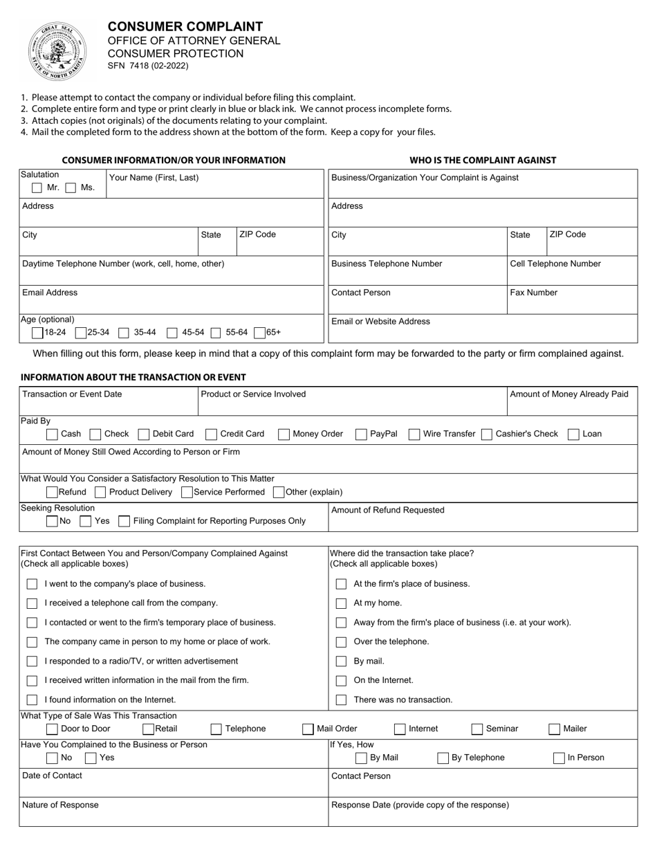 Form SFN7418 Consumer Complaint - North Dakota, Page 1