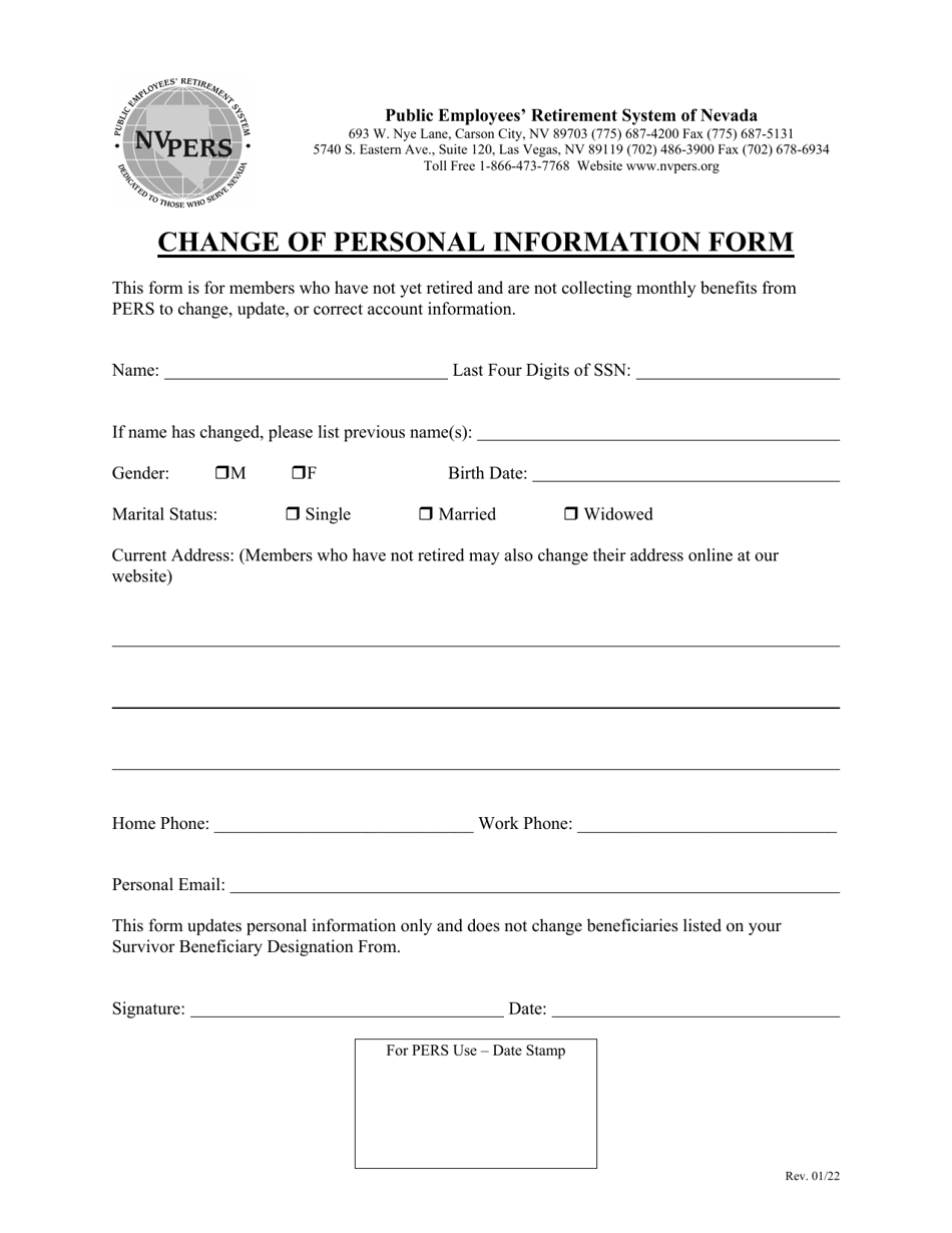 Change of Personal Information Form - Nevada, Page 1
