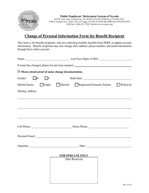 Change of Personal Information Form for Benefit Recipient - Nevada