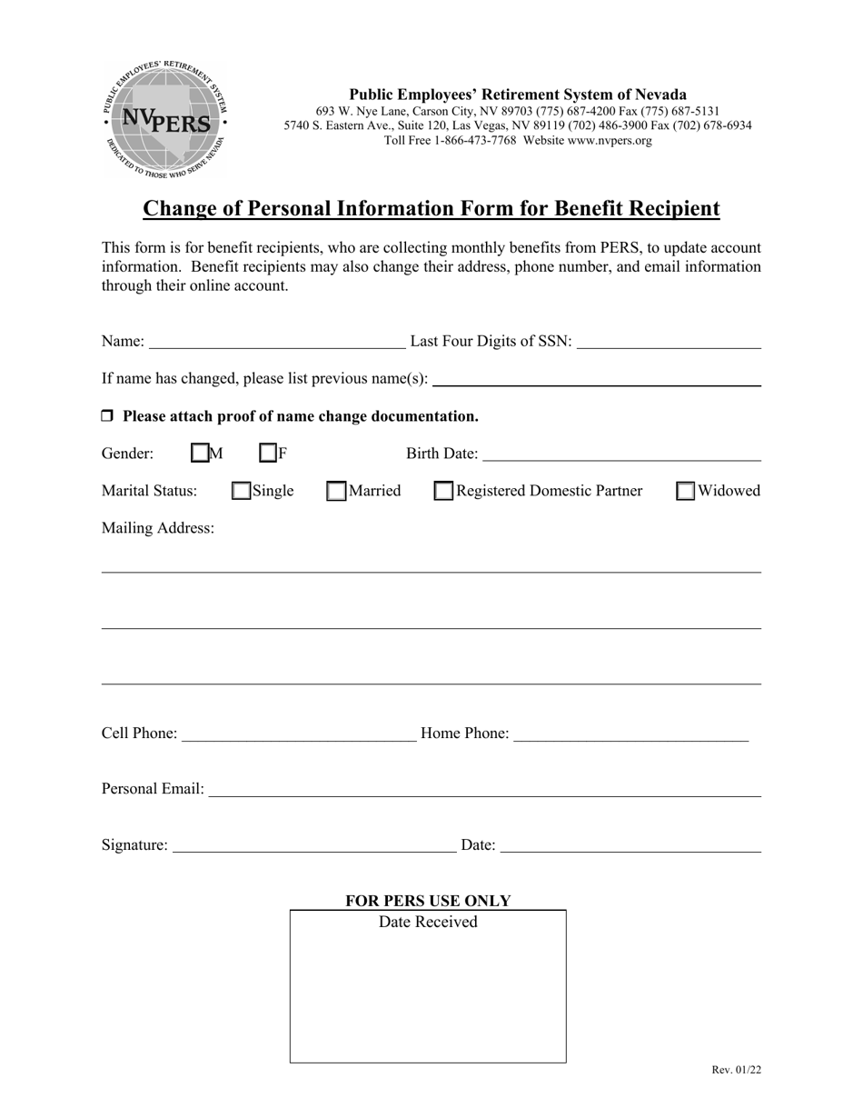 Change of Personal Information Form for Benefit Recipient - Nevada, Page 1