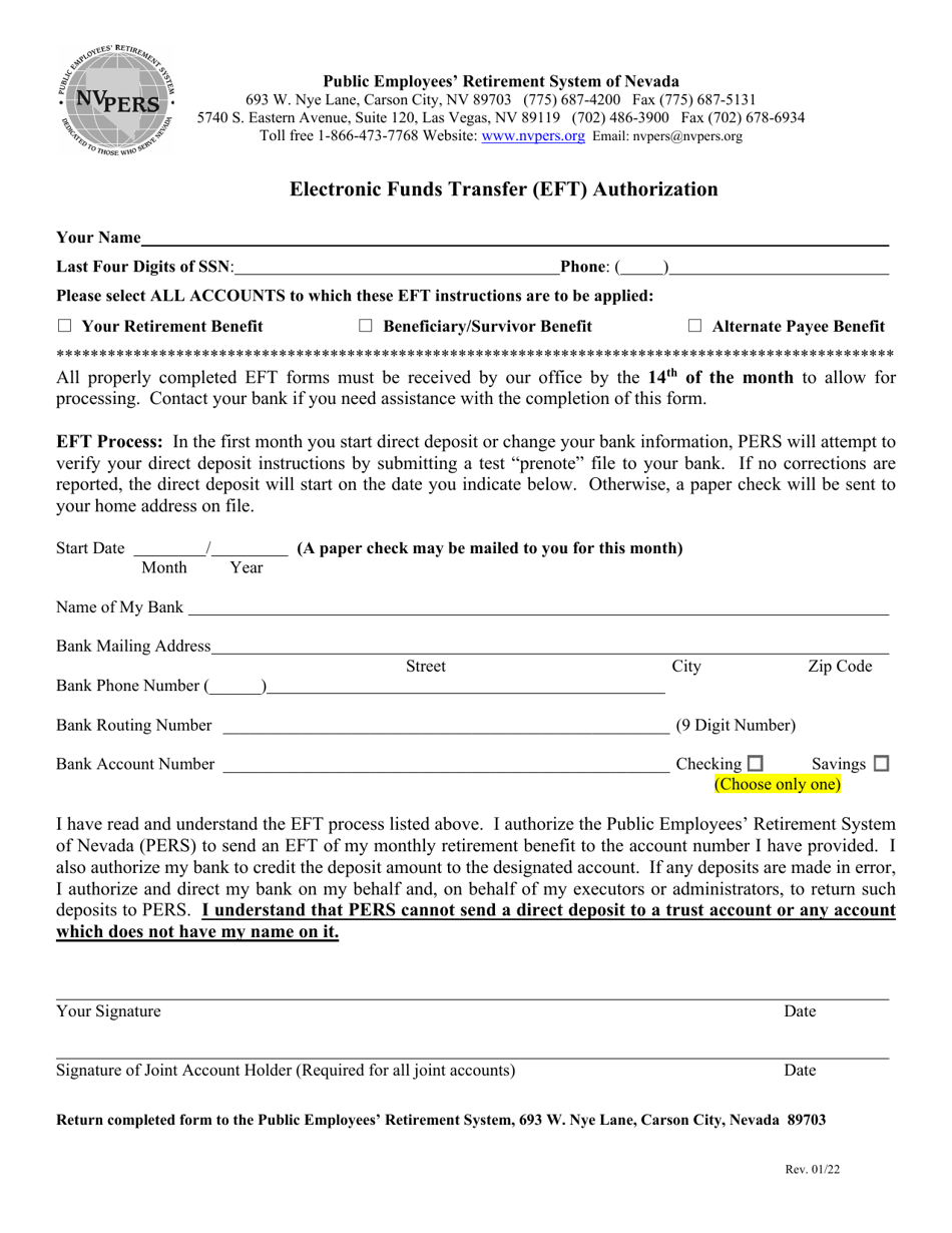 Nevada Electronic Funds Transfer (Eft) Authorization - Fill Out, Sign ...