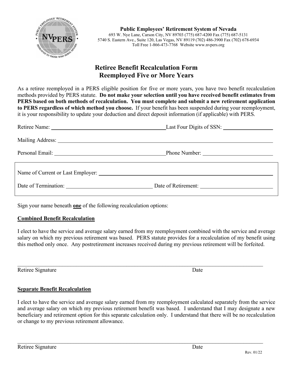 Retiree Benefit Recalculation Form - Reemployed Five or More Years - Nevada, Page 1