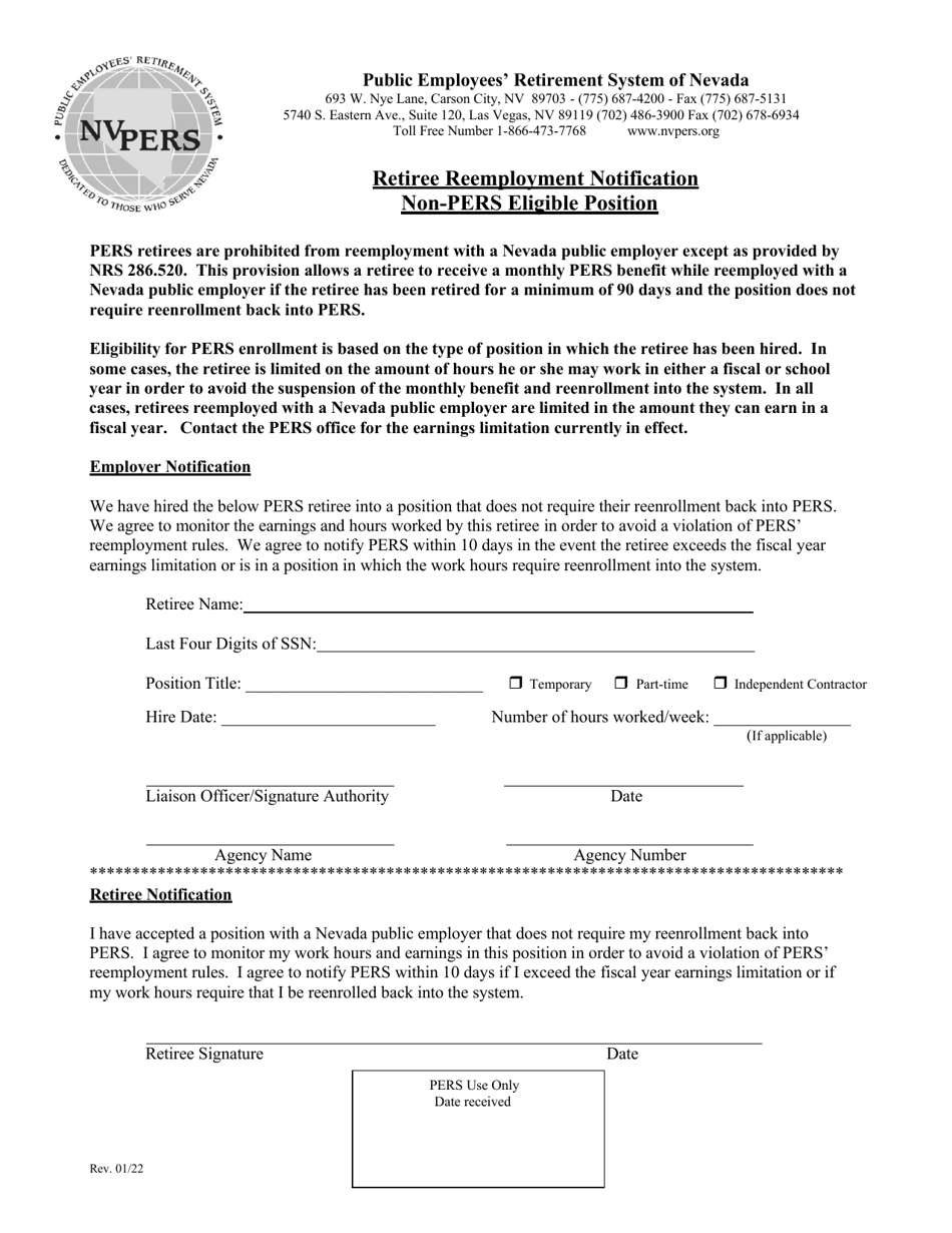 Retiree Reemployment Notification Non-pers Eligible Position - Nevada, Page 1