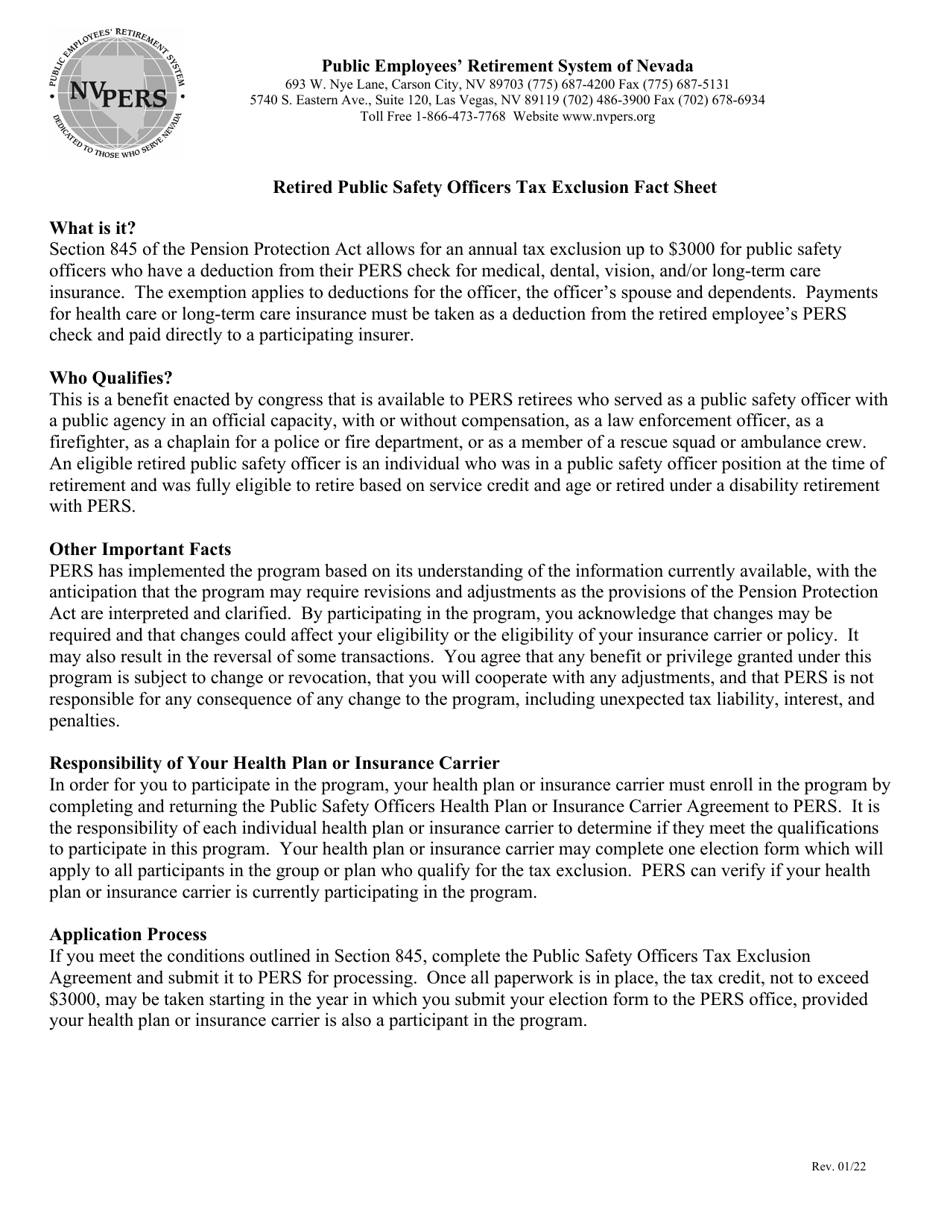 Nevada Retired Public Safety Officer Tax Exclusion Agreement Fill Out