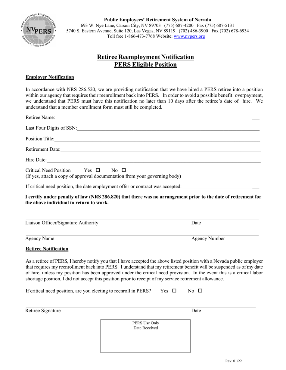 Retiree Reemployment Notification Pers Eligible Position - Nevada, Page 1