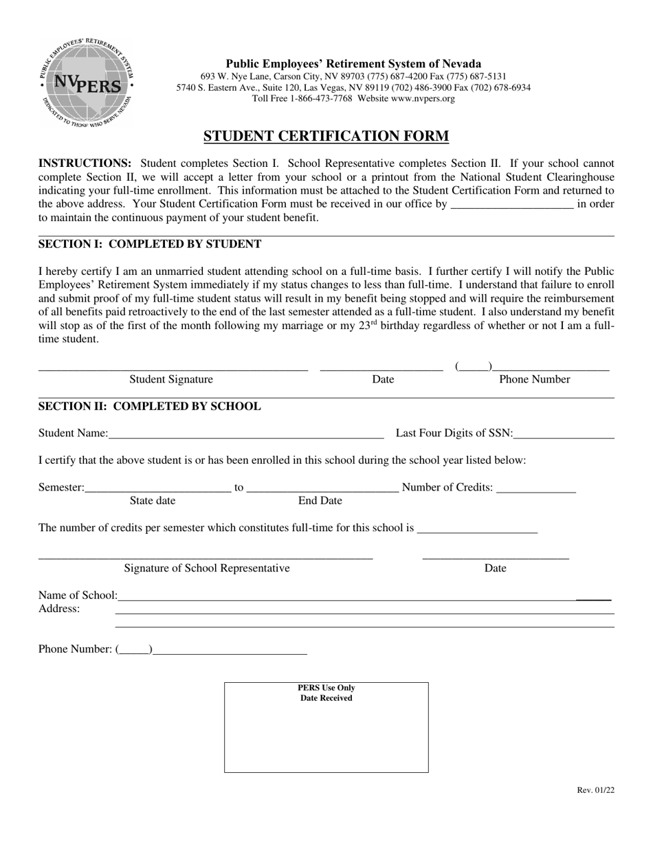 Student Certification Form - Nevada, Page 1