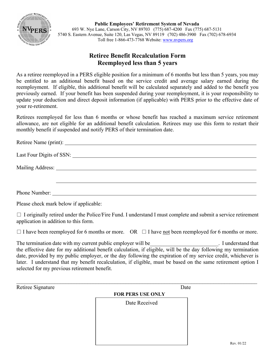 Retiree Benefit Recalculation Form - Reemployed Less Than 5 Years - Nevada, Page 1
