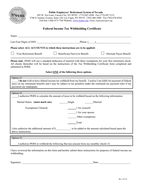 Federal Income Tax Withholding Certificate - Nevada Download Pdf