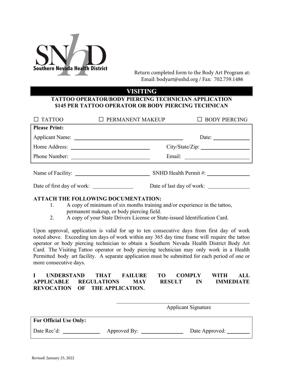 Visiting Tattoo Operator / Body Piercing Technician Application - Nevada, Page 1