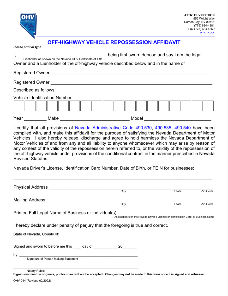 Form OHV-014 Off-Highway Vehicle Repossession Affidavit - Nevada, Page 1