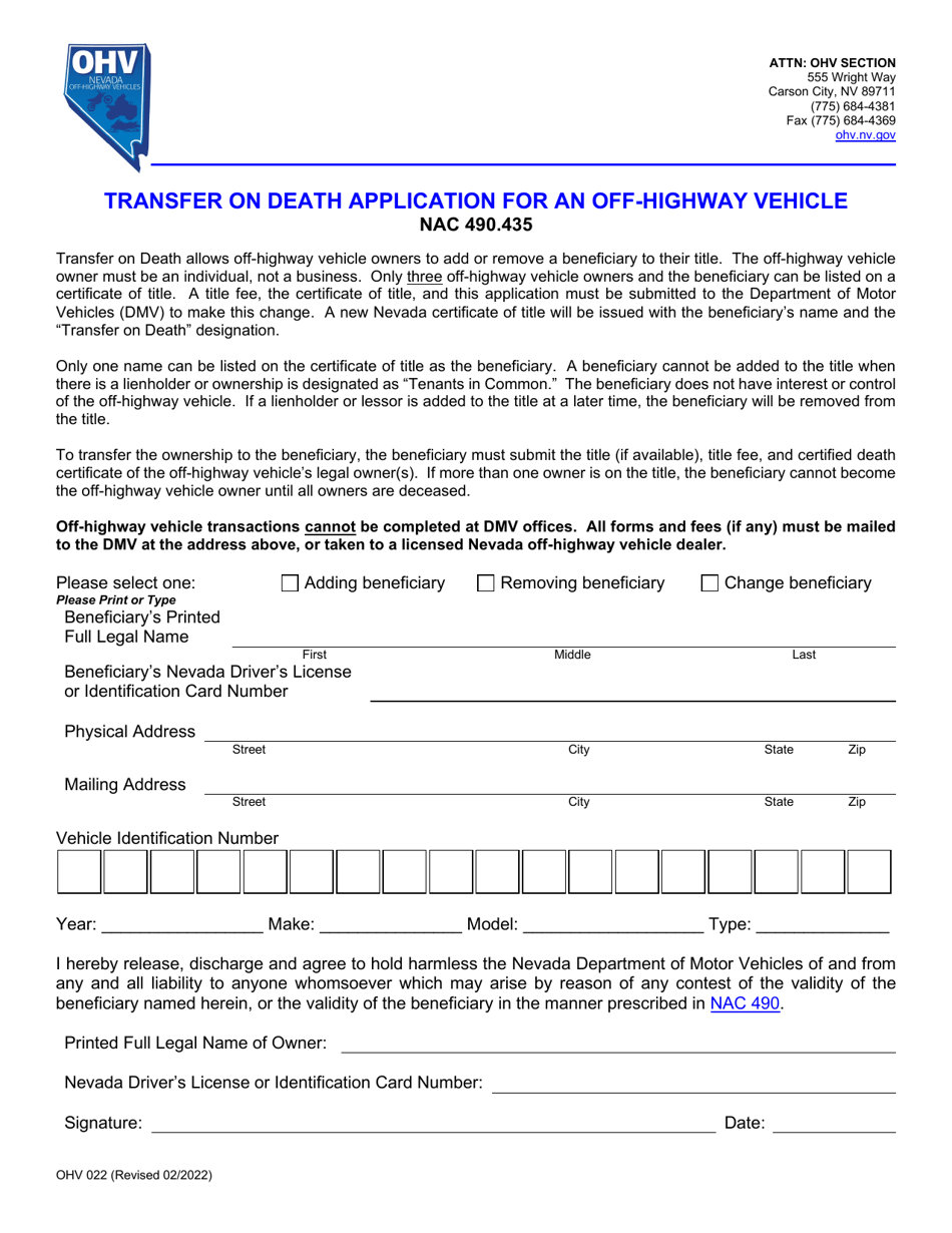 Form OHV022 Transfer on Death Application for an Off-Highway Vehicle - Nevada, Page 1