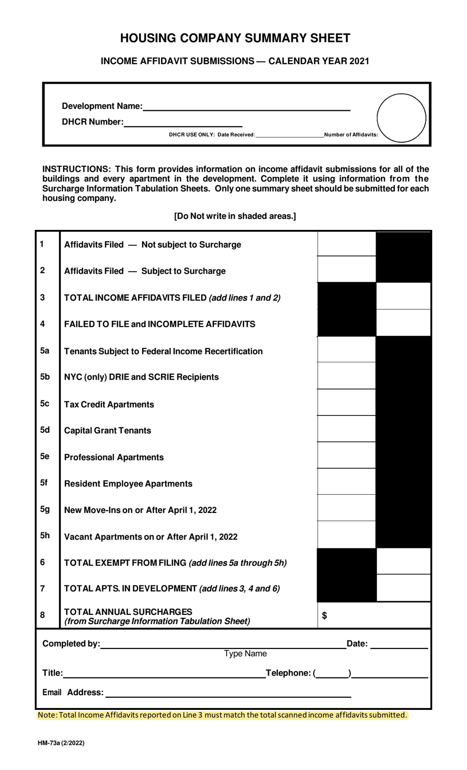 Form HM-73A Housing Company Summary Sheet - New York, Page 1