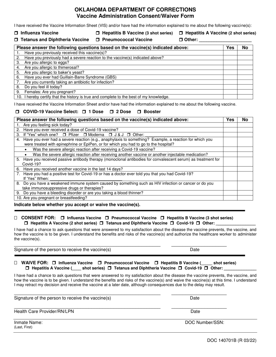 Form OP-140701B Vaccine Administration Consent / Waiver Form - Oklahoma, Page 1