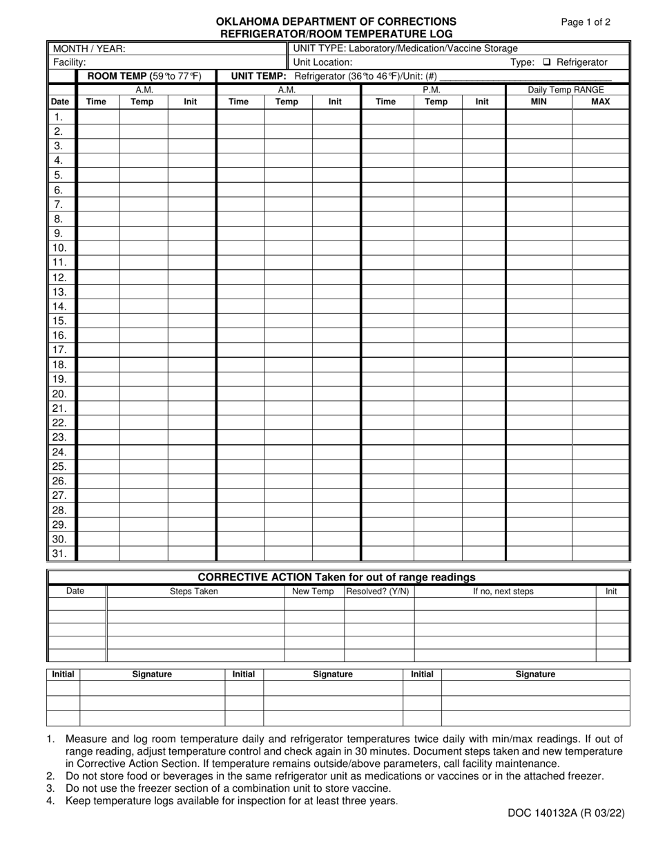 Form OP-140132A Refrigerator / Room Temperature Log - Oklahoma, Page 1