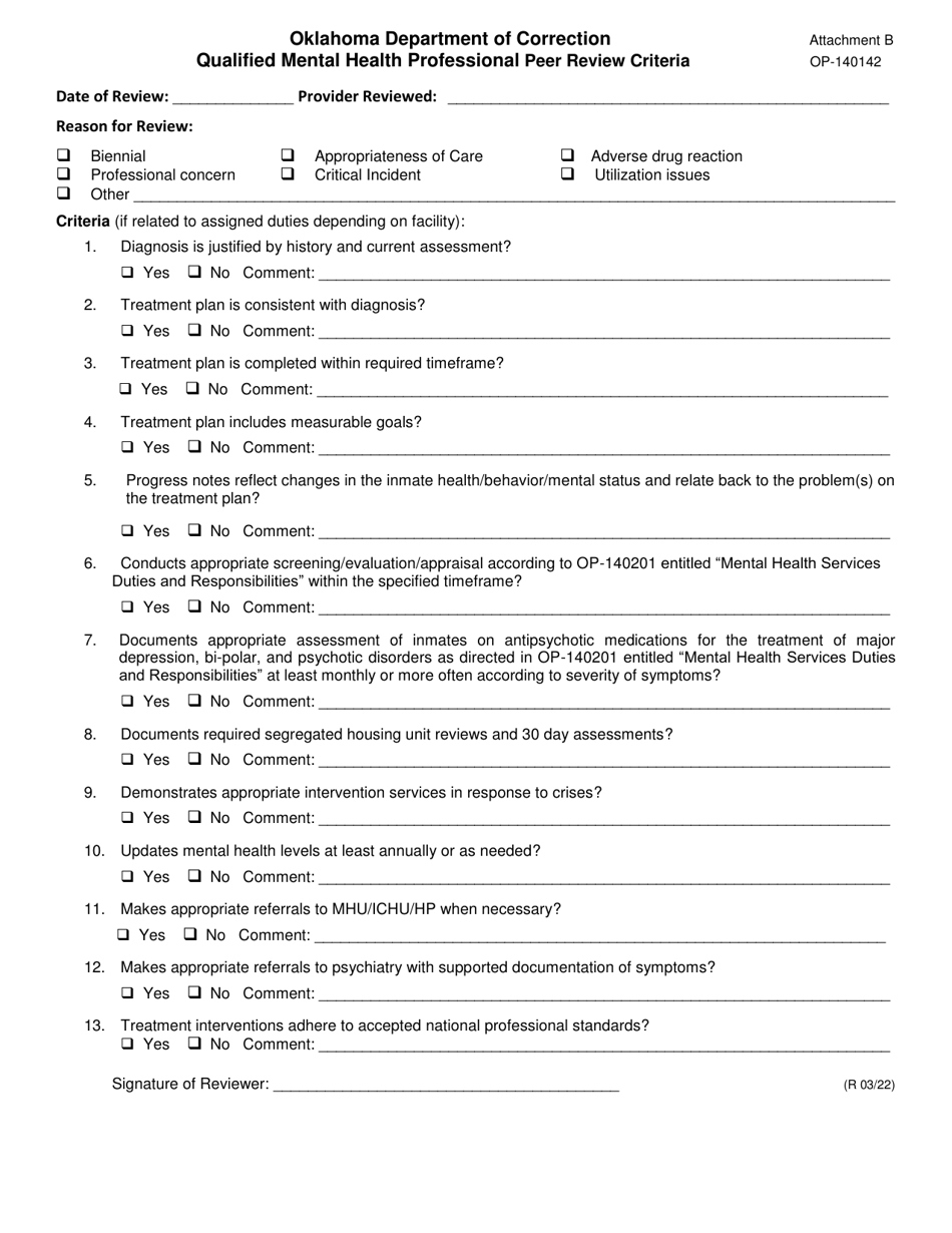 Form OP-140142 Attachment B Qualified Mental Health Professional Peer Review Criteria - Oklahoma, Page 1