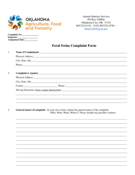 Document preview: Feral Swine Complaint Form - Oklahoma