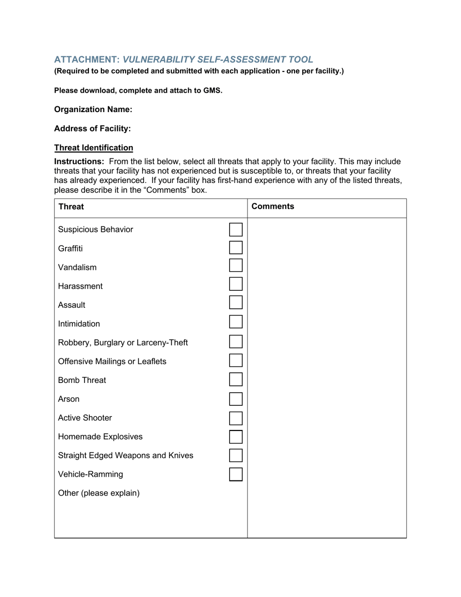 Attachment: Vulnerability Self-assessment Tool - New York, Page 1