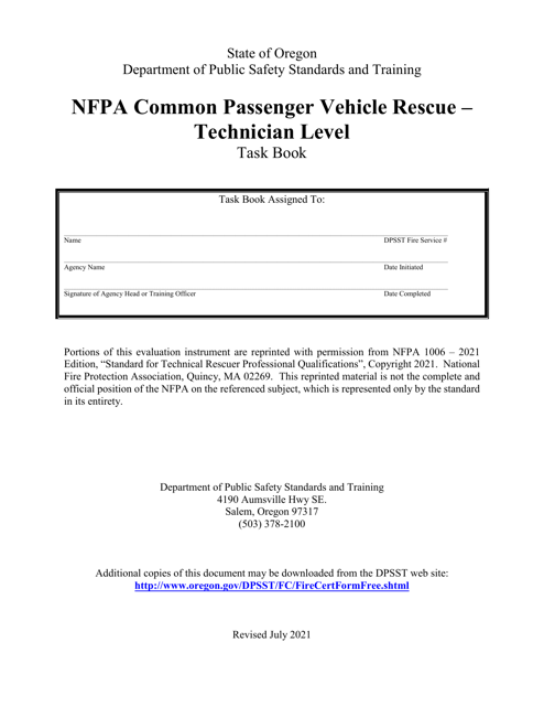 NFPA Common Passenger Vehicle Rescue - Technician Level Task Book - Oregon