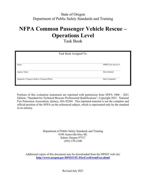 NFPA Common Passenger Vehicle Rescue - Operations Level Task Book - Oregon