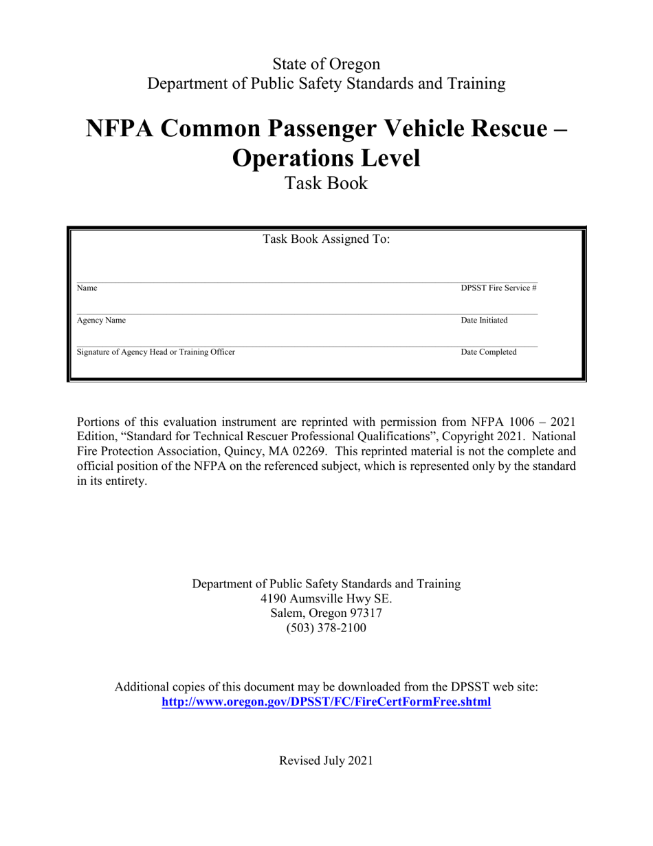 NFPA Common Passenger Vehicle Rescue - Operations Level Task Book - Oregon, Page 1