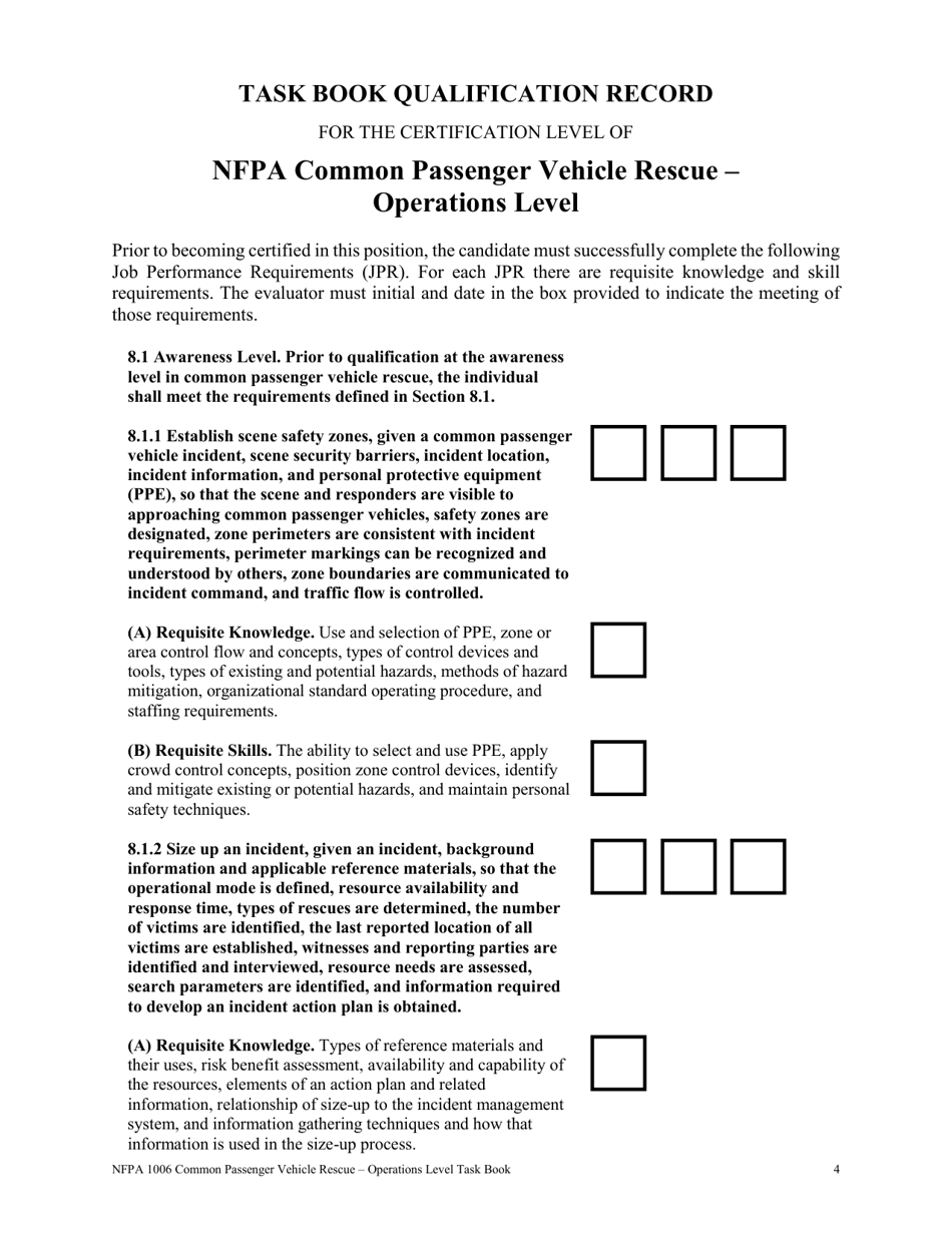 NFPA Common Passenger Vehicle Rescue - Operations Level Task Book - Oregon, Page 4