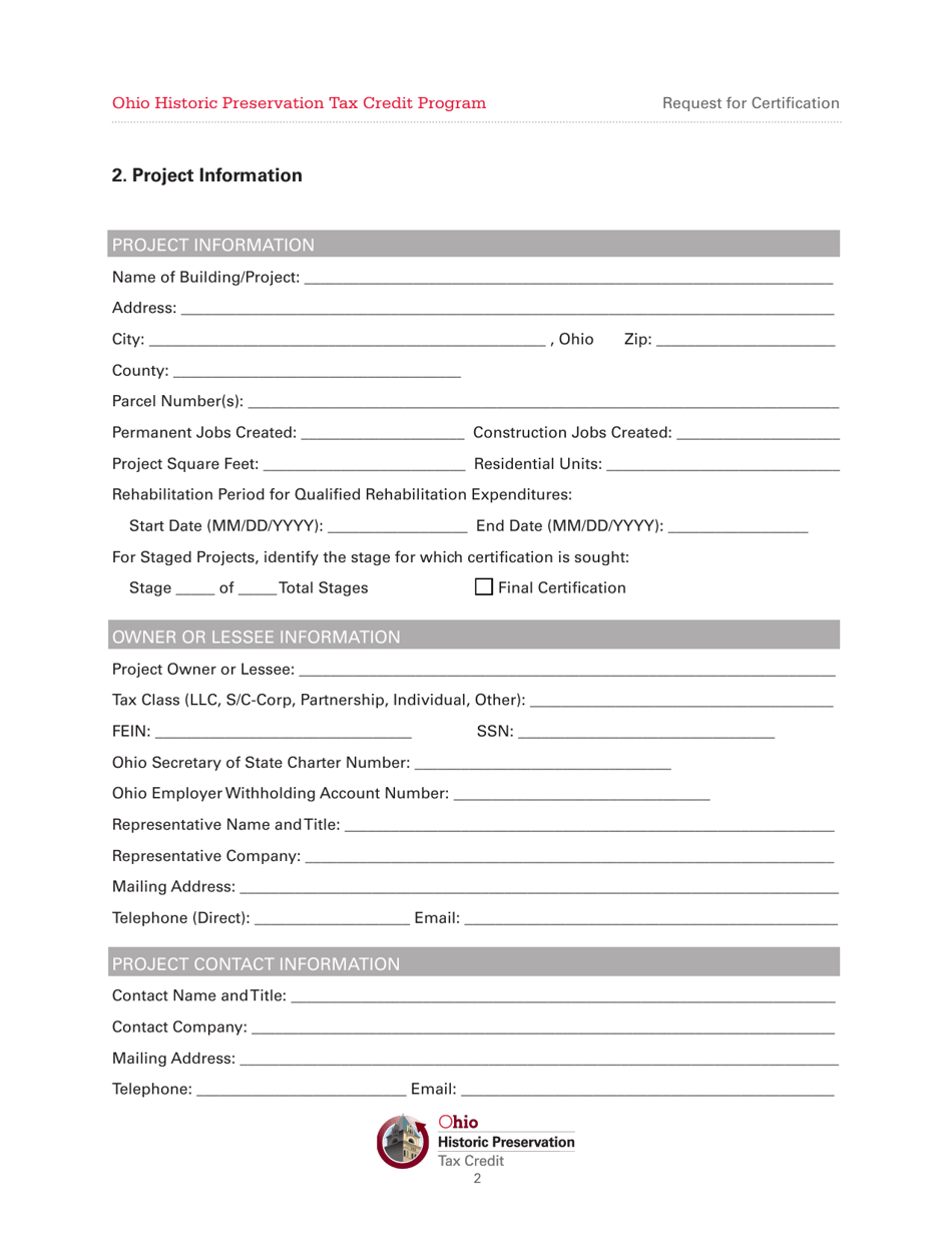 Request for Certification and Notification of Project Completion - Ohio Historic Preservation Tax Credit Program - Ohio, Page 2