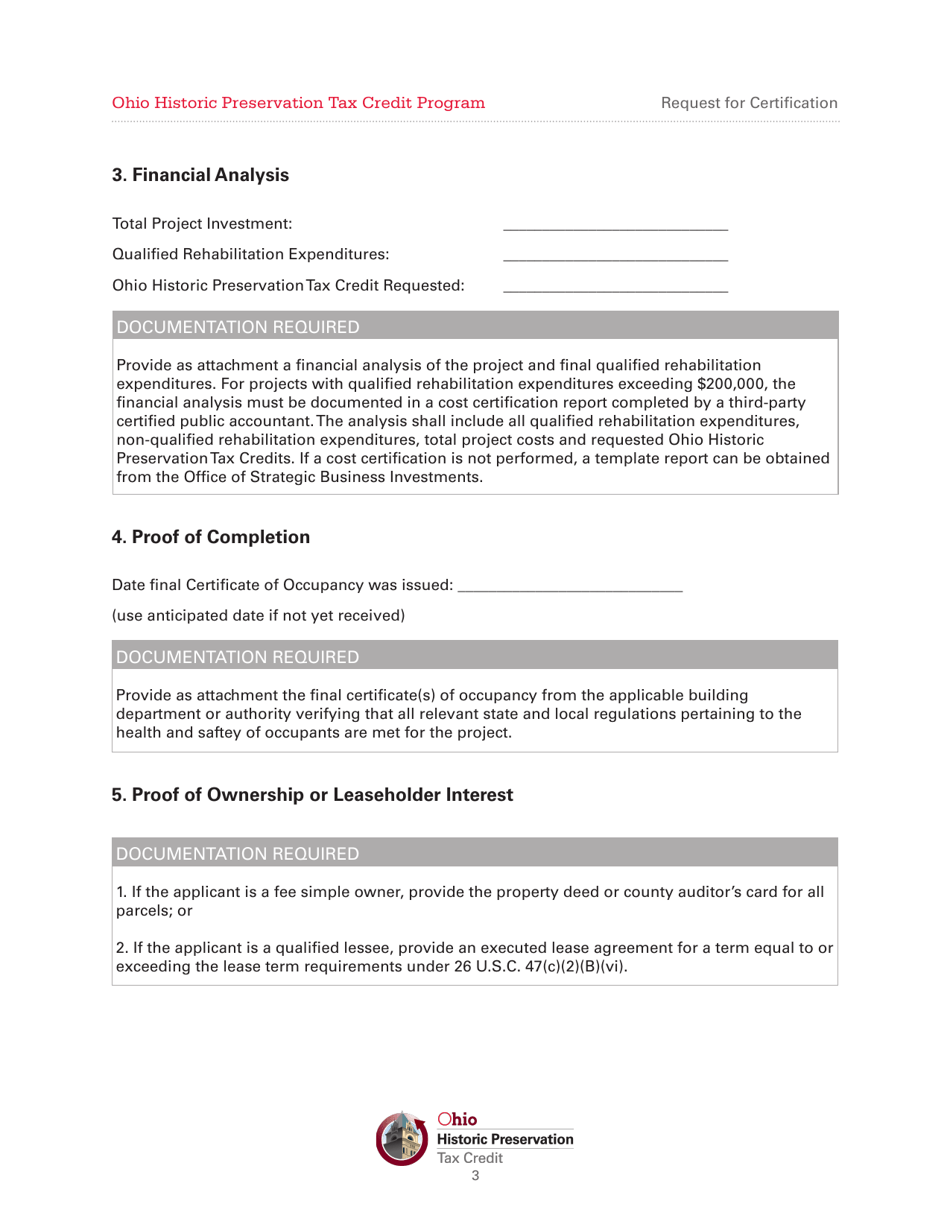 Request for Certification and Notification of Project Completion - Ohio Historic Preservation Tax Credit Program - Ohio, Page 3