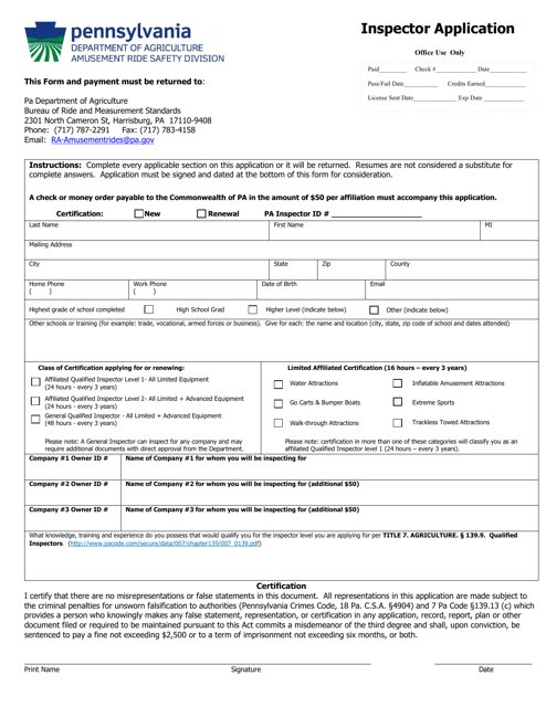 Amusement Rides Safety - Certified Inspector Application - Pennsylvania