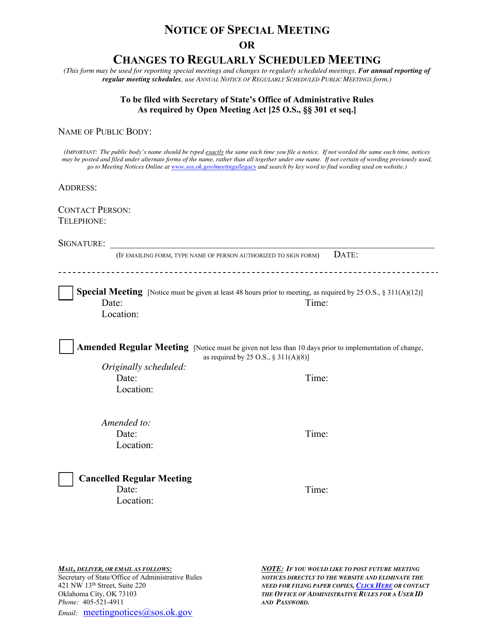 Notice of Special Meeting or Changes to Regularly Scheduled Meeting - Oklahoma Download Pdf