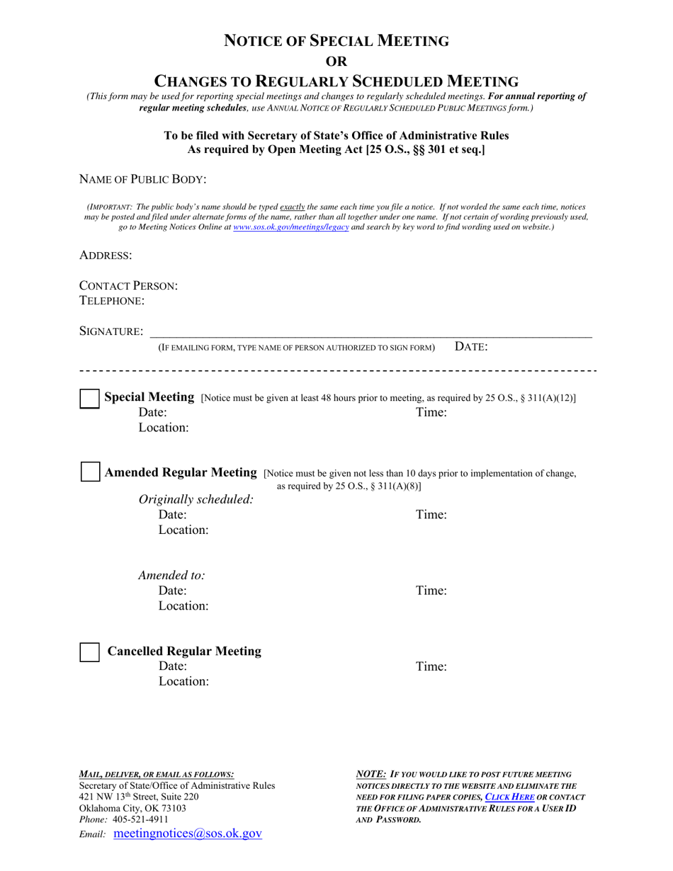 Notice of Special Meeting or Changes to Regularly Scheduled Meeting - Oklahoma, Page 1
