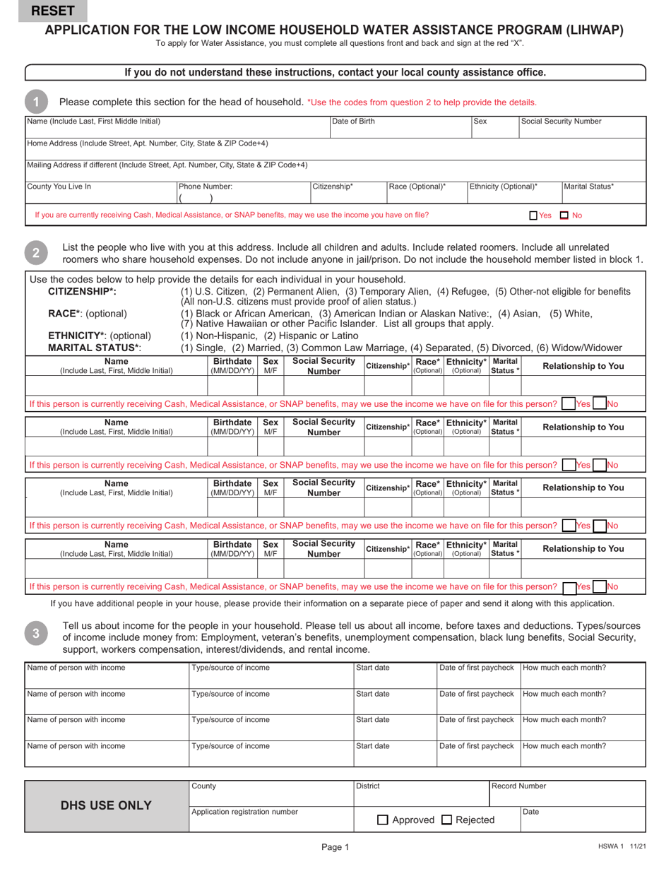 Form HSWA1 Application for the Low Income Household Water Assistance Program (Lihwap) - Pennsylvania, Page 1