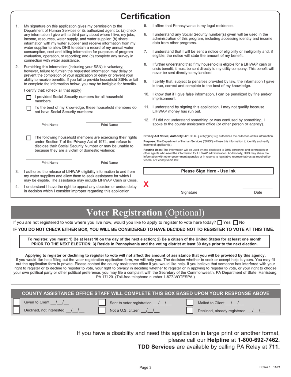 Form HSWA1 Application for the Low Income Household Water Assistance Program (Lihwap) - Pennsylvania, Page 3