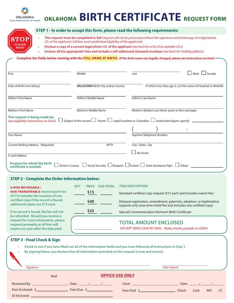 Oklahoma Birth Certificate Request Form - Oklahoma, Page 1