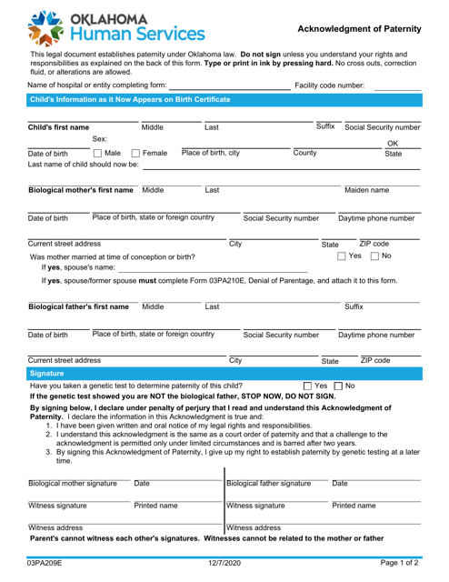 Form 03PA209E (CSED-209) Acknowledgment of Paternity - Oklahoma