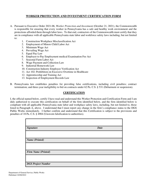 Worker Protection and Investment Certification Form - Pennsylvania Download Pdf