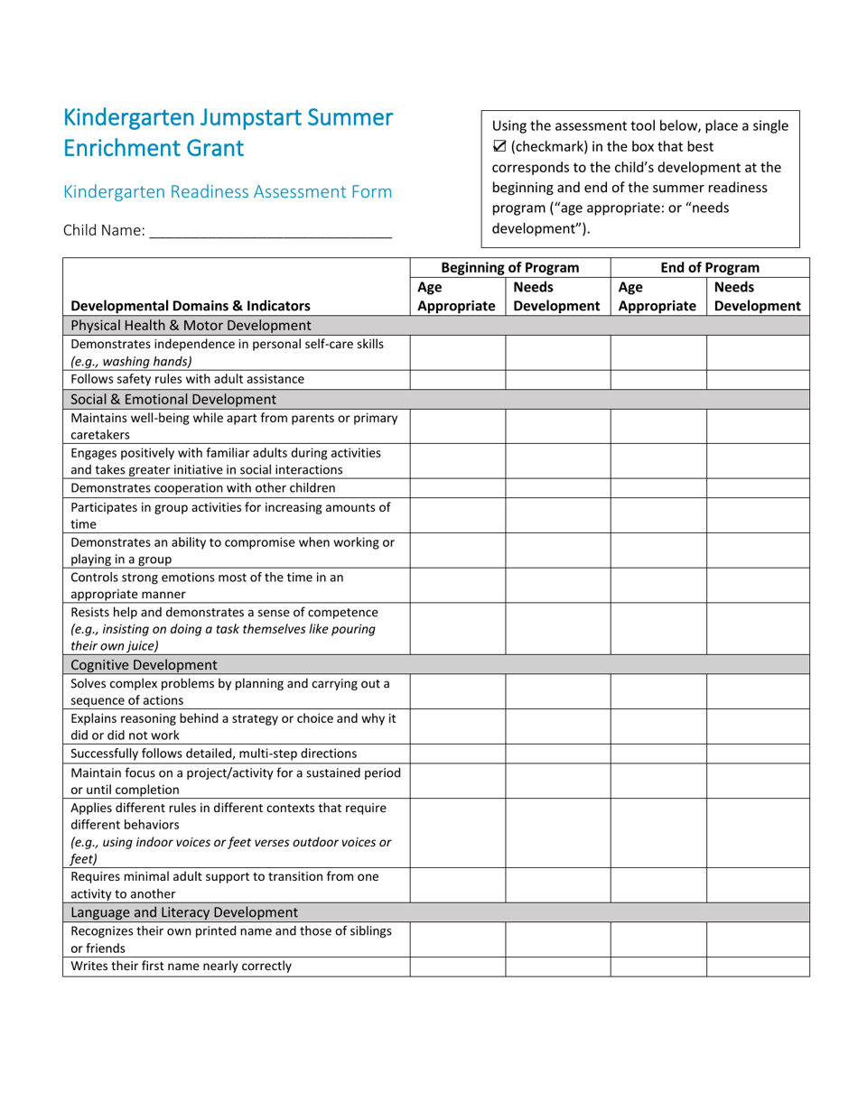 Kindergarten Readiness Assessment Form - Kindergarten Jumpstart Summer Enrichment Grant - Rhode Island, Page 1