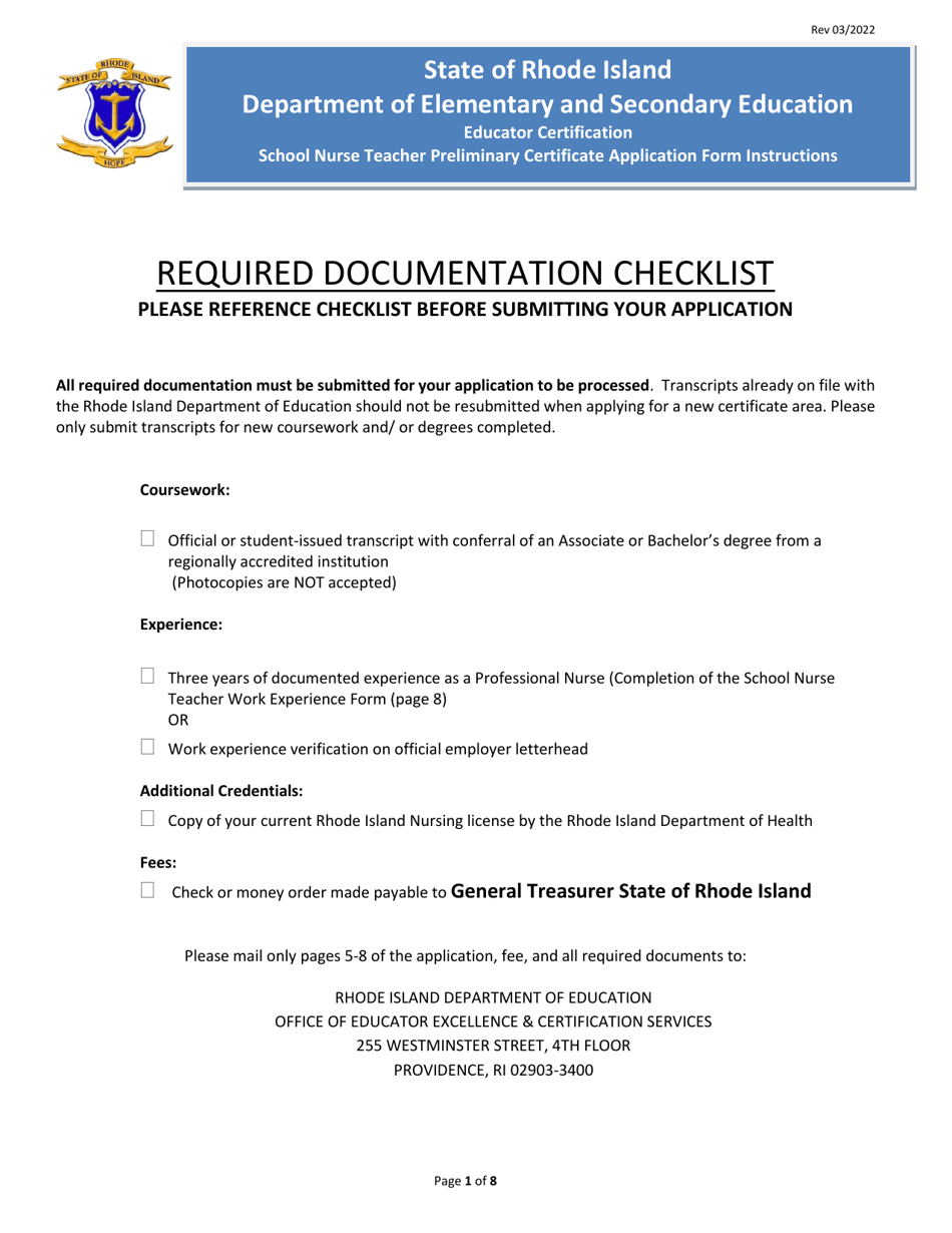 School Nurse Teacher Preliminary Certificate Application Form - Rhode Island, Page 1