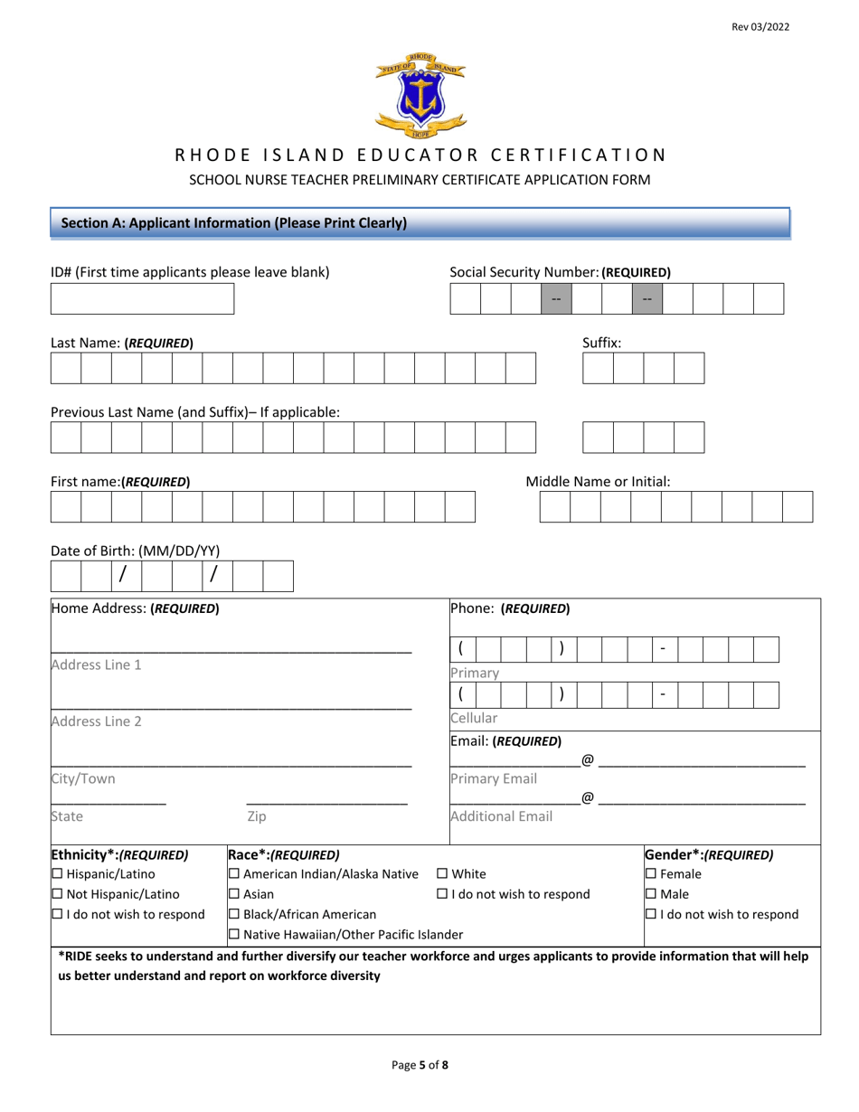 School Nurse Teacher Preliminary Certificate Application Form - Rhode Island, Page 5