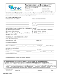 Document preview: DHEC Form 0848 Notification of Reciprocity - South Carolina