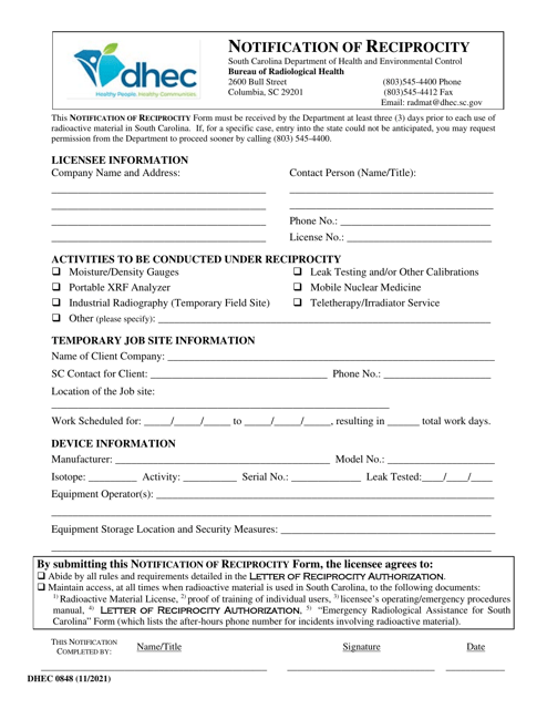DHEC Form 0848  Printable Pdf
